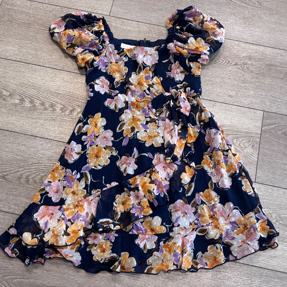 Bonnie Jean Floral Dress Girls 14 Navy Orange Chiffon Ruffle Special Occasion‎